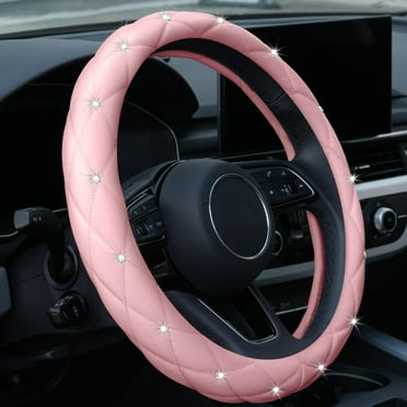 Diamond Soft Leather Anti-Slip Steering Wheel Cover with Bling Bling Crystal Rhinestones, Universal 15 Inch for Women Girls - Pink