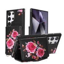 for Samsung Galaxy S24 Plus, Card Slots Back Case, 1 Shoulder Strap and 1 Lanyard, Floral Pattern PU Leather RFID Blocking Make-up Mirror Kickstand Magnetic Clasp Phone Cover for Women Girls, Black