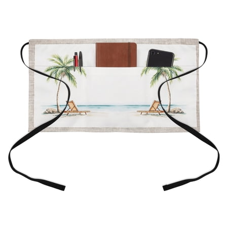 Vintage Half Waist Apron Seaside Vacation Palm Trees Recliner Retro Linen Short Waiter Aprons with 3 Pockets for Women Men Kitchen Restaurant Cooking