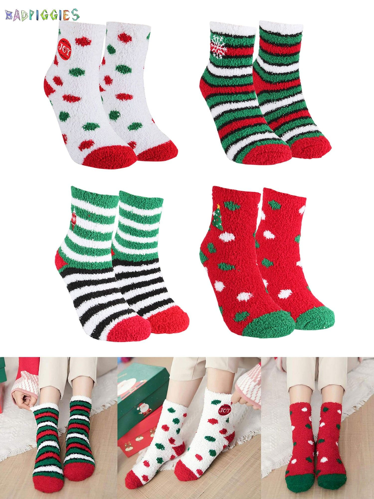 BadPiggies 4 Pairs Christmas Fuzzy Socks, Cute Coral Fleece Warm Cozy Socks Holiday Slipper 