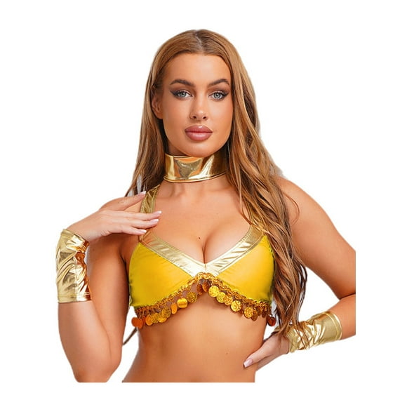 Sxiwei Womens Ancient Egyptian Queen Halloween Crop Top Collar And Wristlets Tassel Fringe Bra Top Yellow 3XL