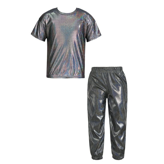 YONGHS Kids Boys Girls Hip Hop Jazz Modern Dance Outfit Shiny Metallic Shirt Tops and Pants Set Black 5-6
