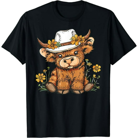 100% cotton tshirts men tee Scottish Cute Highland Cow Cattle Hairy Cow Flowers Women T-Shirt