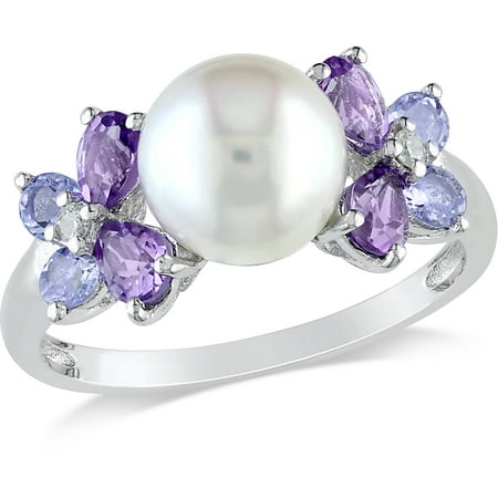 Tangelo 8-8.5mm White Round Cultured Freshwater Pearl and 1 Carat Amethyst and Tanzanite with Diamond-Accent Sterling Silver Flower Cocktail Ring