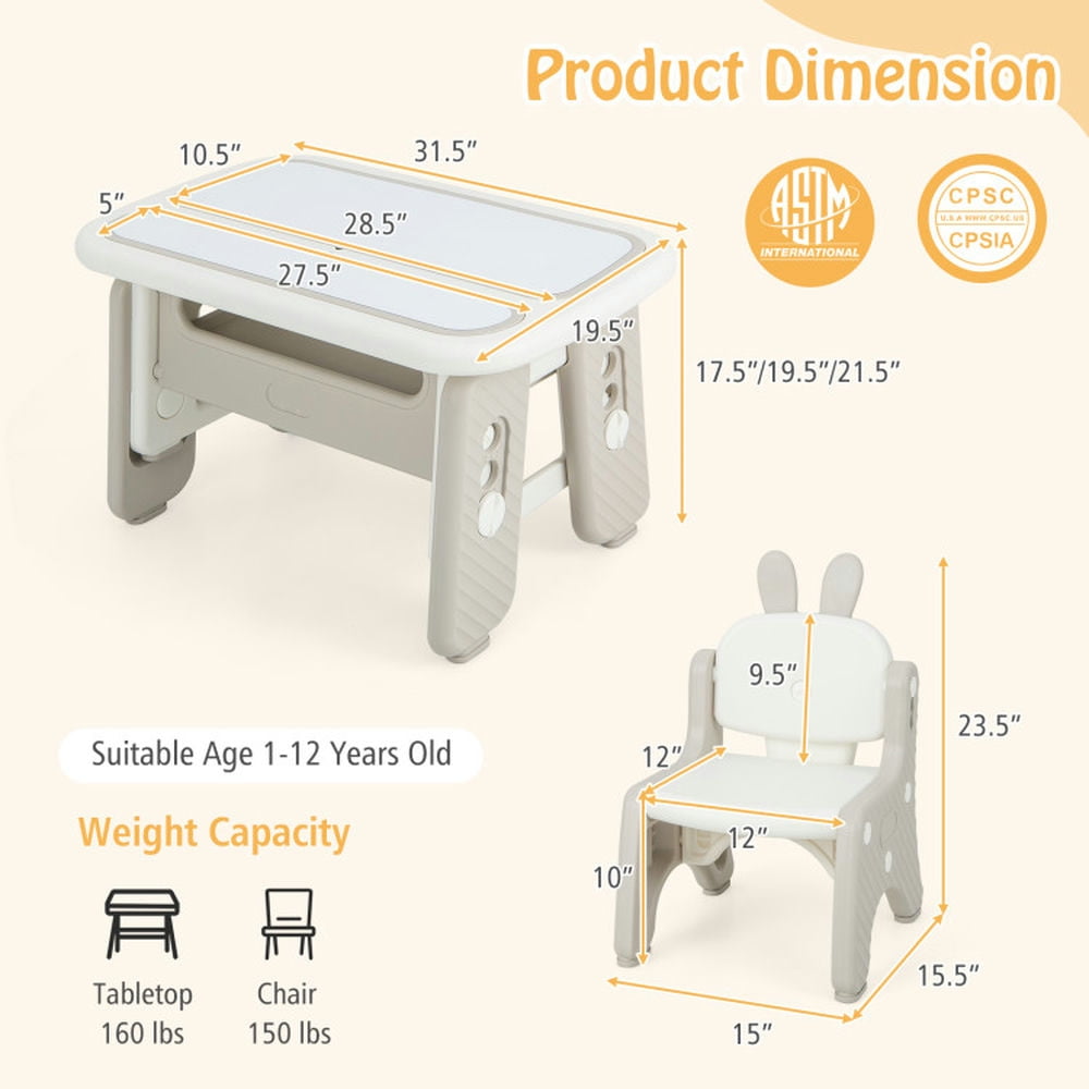 Spaco Kids Table and Chair Set with Flip-Top Bookshelf-Gray, Toddler Table and Chair Set for Arts & Crafts, Snack Time, Homeschooling, Homework