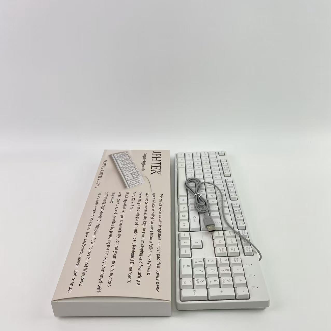 JPHTEK Computer keyboards,Wired Quiet USB Keyboard - 14.45x4.76x0.70 Inches - Compact Design with Number Pad - White