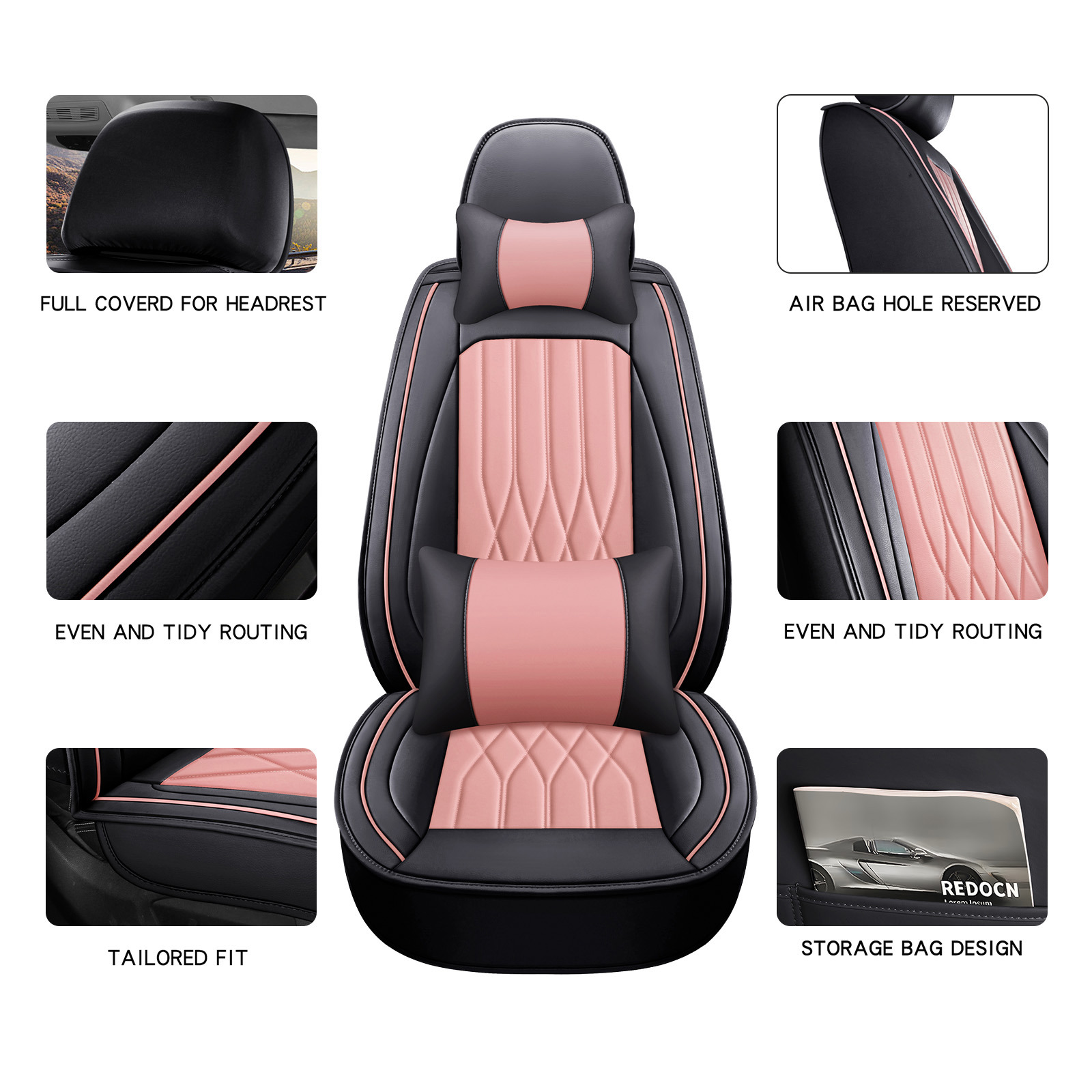 OTOEZ Universal Pink Car Seat Cover PU Leather 5-Seat Full Set Waterproof Front & Rear Cushion Protector Fit Most Honda Toyota Chevy Ford Nissan SUV