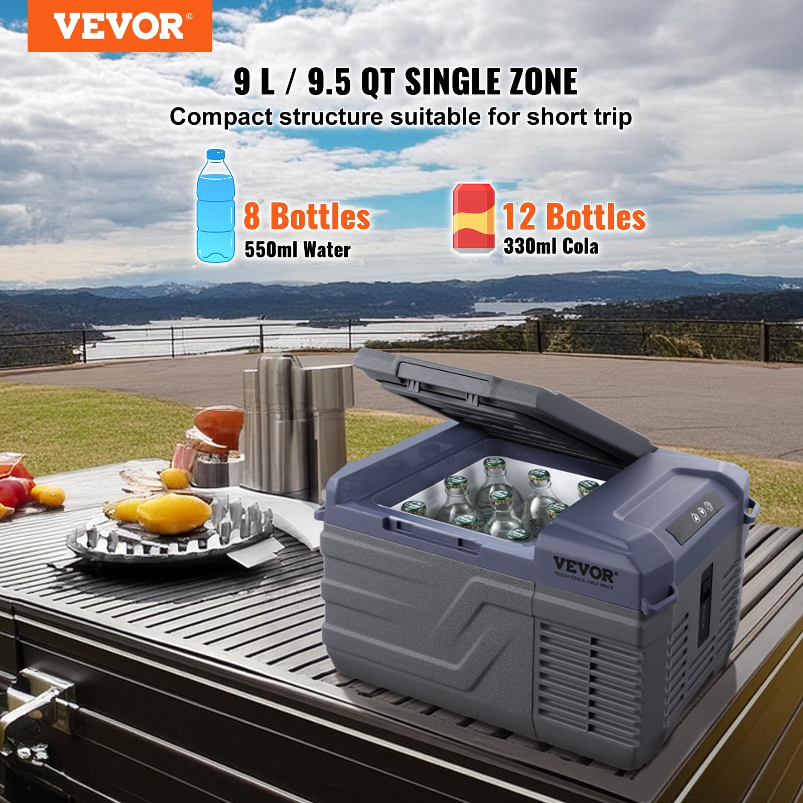 VEVOR Car Refrigerator, 12 Volt Car Refrigerator Fridge, 9 L Single Zone Portable Freezer, -4℉-68℉ Adjustable Range, 12/24V DC and 100-240V AC Compressor Cooler