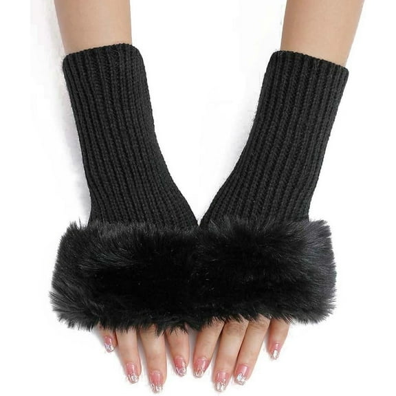 2 Pairs Furry Gloves Fingerless Thumb Hole Gloves Knit Arm Warmers Wrist Mittens DIY