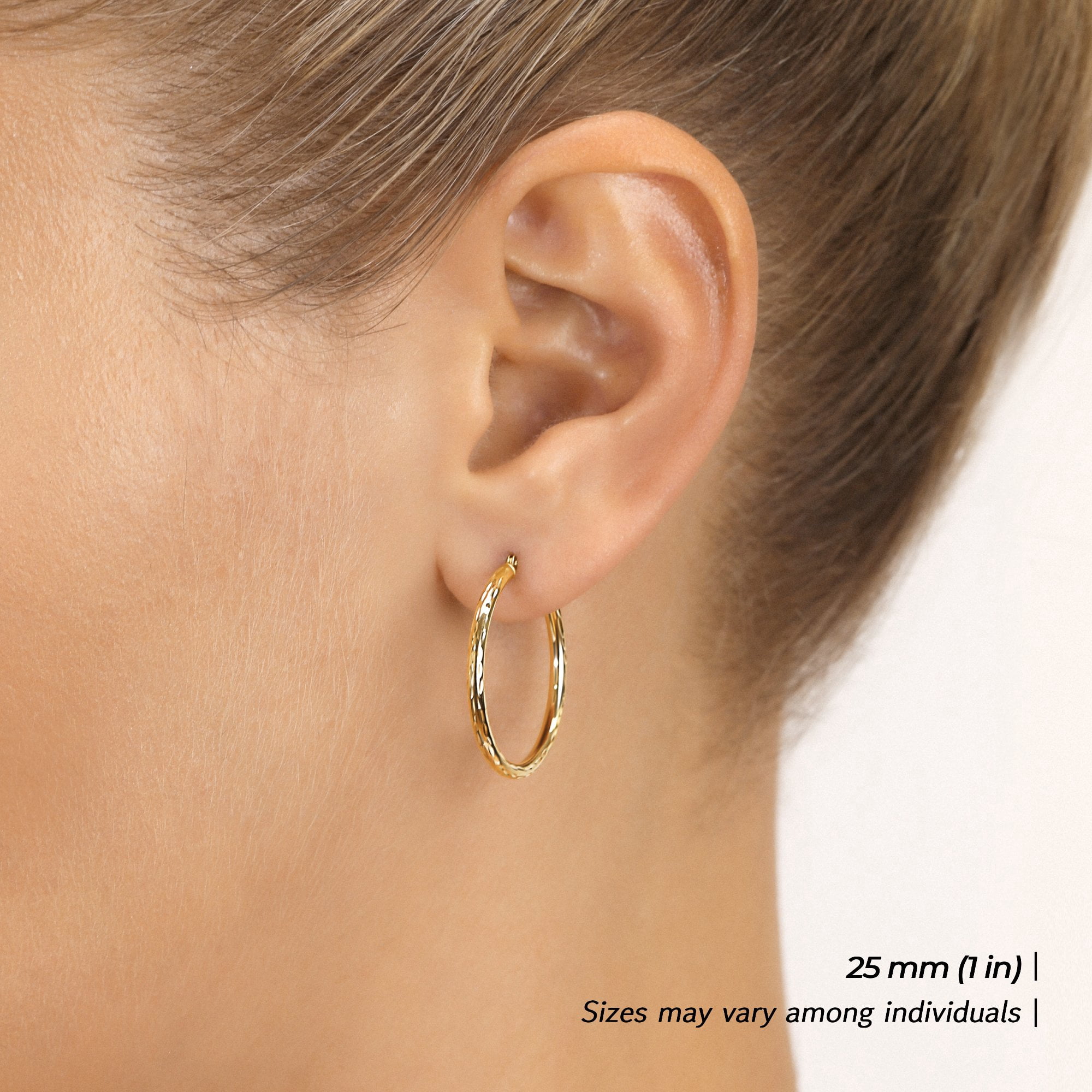 Tilo Jewelry 14K Yellow Gold Diamond-Cut Engraved Round Hoop Earrings (25mm - 1 Inch) for Women & Unisex