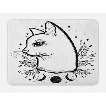 Kitty Bath Mat, Monochrome Hand Drawn Side Profile of a Bohemian Cat with Symbolic Motifs, Plush Bathroom Decor Mat with Non Slip Backing, 29.5" X 17.5", Charcoal Grey White, by Ambesonne