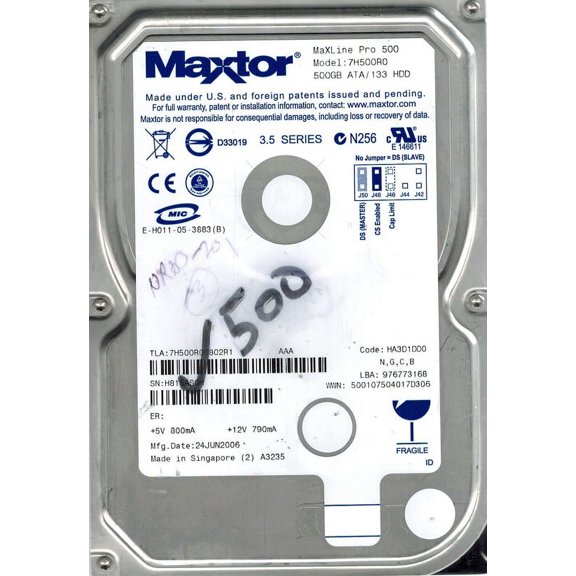 Maxtor 7H500R0 500GB IDE CODE: HA3D1DD0 N, G, C, B