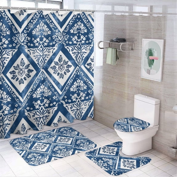 Blue And White Geometric Flowers 4 Piece Shower Curtain Sets Bath Mat U-Shaped Floor Mat Toilet Lid Oval Rug Modern Vintage Chinoiserie Waterproof Shower Curtain for Bathroom Decor