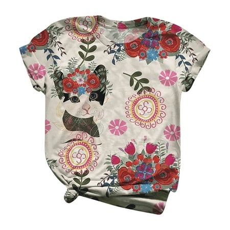

Mrat Short Sleeve Round-Neck Blouses & Shirts Black Blouses For Women Ladies Cute Cat Print Loose One-Piece Short-Sleeved Top T-shirt Bustier Tops For Female
