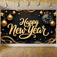 thumbnail image 6 of Gold Theme Happy New Year Banner Disco Ball Decor New Year Display Star Ornaments Clock Design Holiday Backdrop for New Year Party Holiday Celebration Family Gathering, 6 of 9