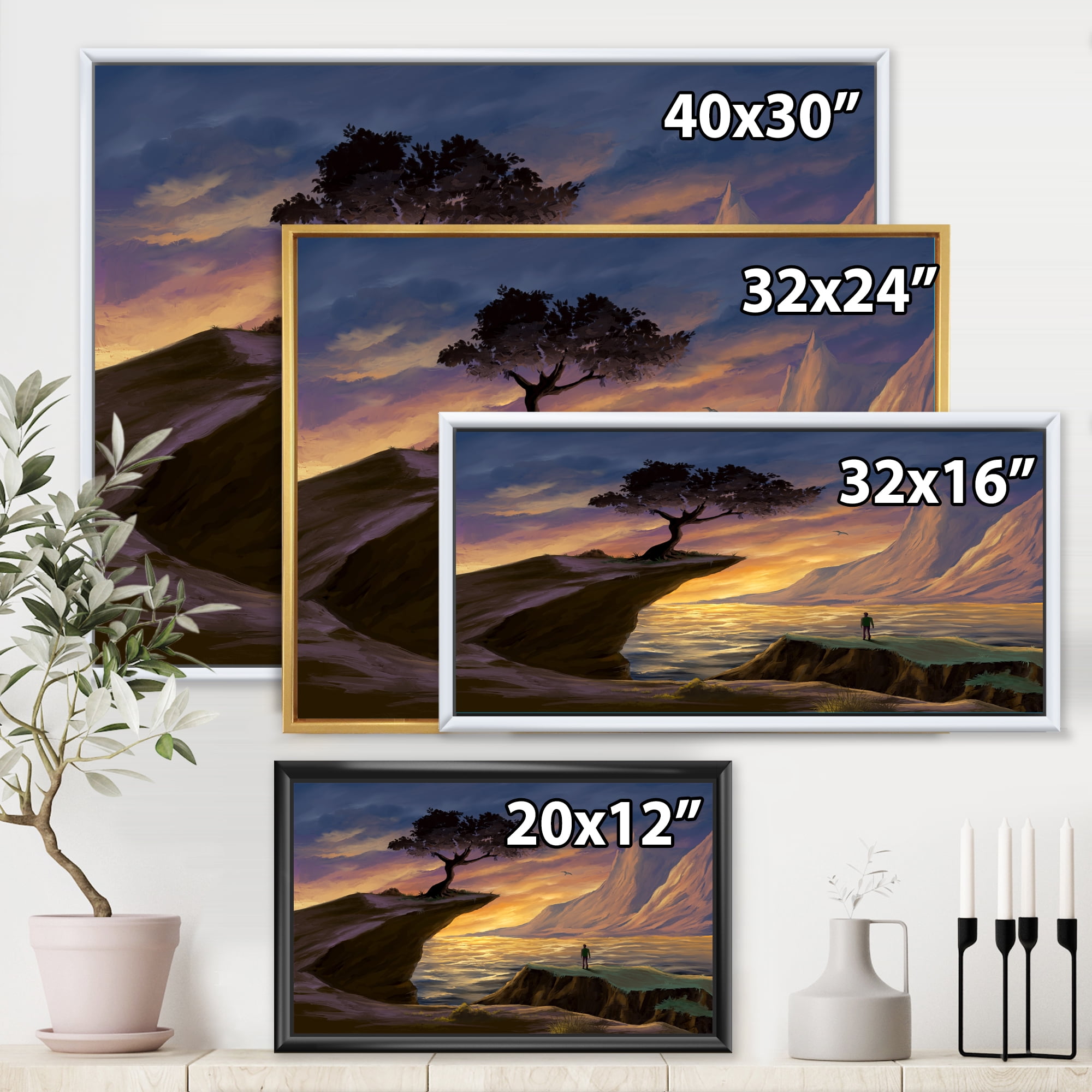 Designart 'Tree On A Sea Cliff At Evening Light' Lake House Framed Canvas Wall Art Print
