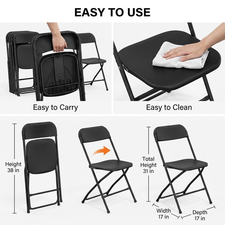 JOYMOR 4-Pack Black Metal Folding Chairs, Waterproof & Stackable