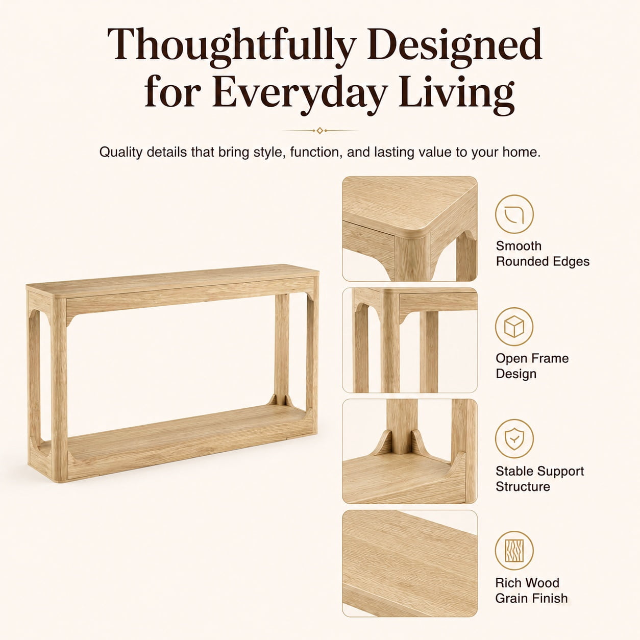 Aukfa 55.1" Wood Console Table, Narrow Sofa Table with 2-Tier Open Shelf for Entryway Hallway Living Room,Natural