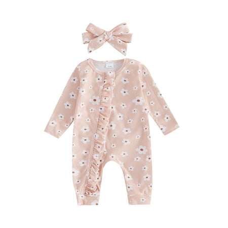

REDWOON Baby Girl Fall Outfit Cherry Print Ruffle Long Sleeve Romper Headband