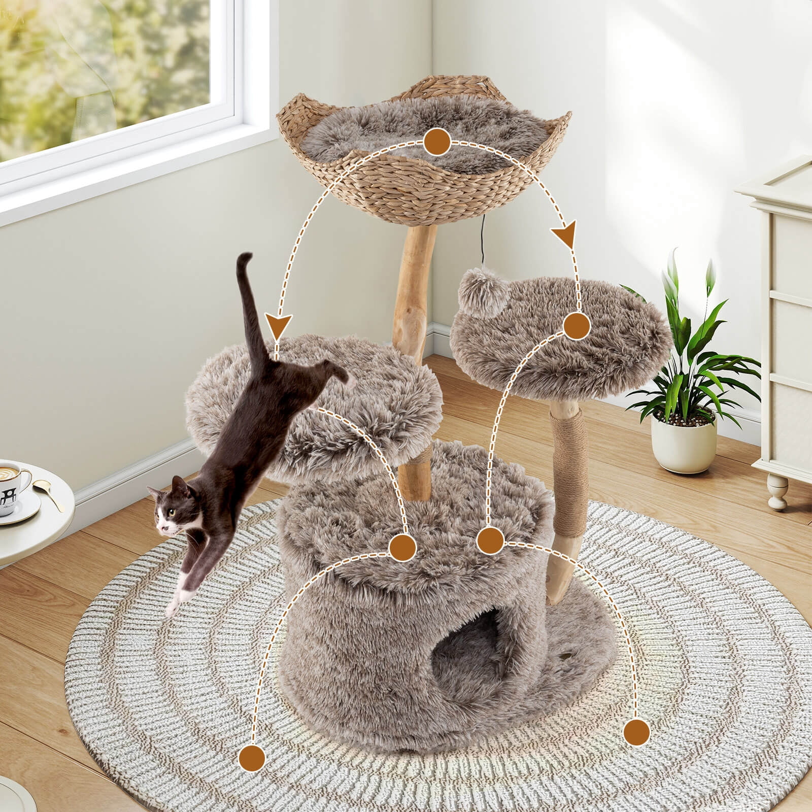 Costway Solid Wood Cat Tree with Well-woven Cattail Basket Luxury Condo Scratching Posts