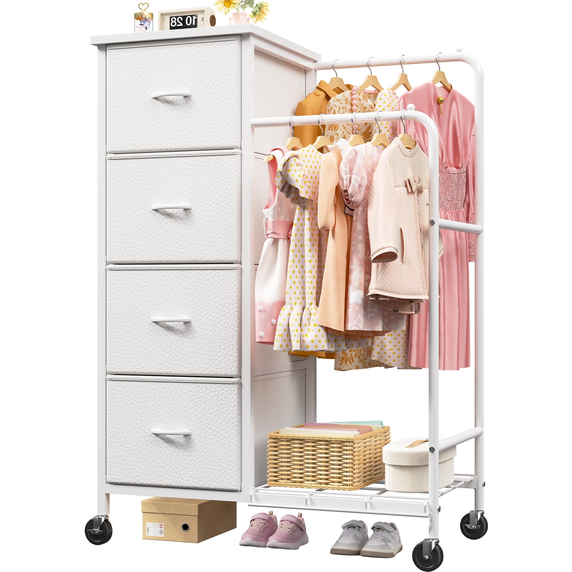EnHomee Fabric Dresser with 2 Hanging Racks Small Dresser with 4 Drawers for bedroom Small Closet with Clothes Rack, White