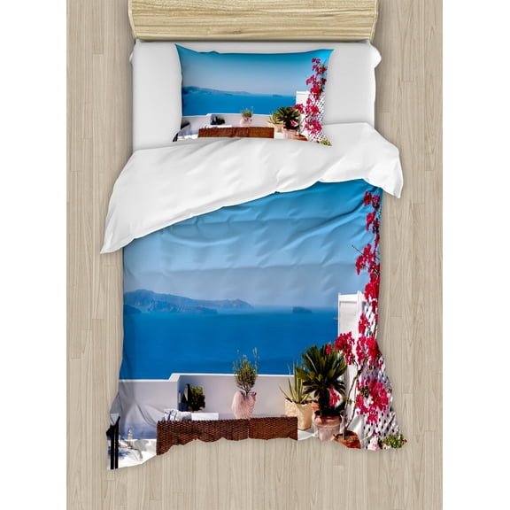 Modern Duvet Cover Set, View of Mediterranean Santorini Aegean Sea Seascape Holiday Art, Decorative 2 Piece Bedding Set with 1 Pillow Shams, Twin Size, Pale Grey Sky Blue, by Ambesonne