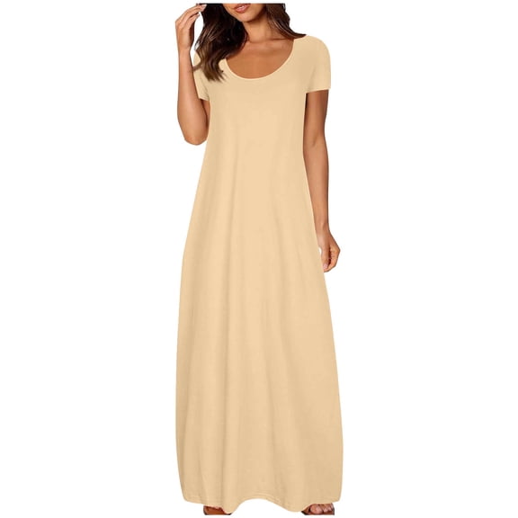 asdoklhq Summer Holiday Dress Midi Dress Black Dresses for Women Women's Large Pocket Solid Color Dress Round Neck Short Sleeved Dress Khaki 2X