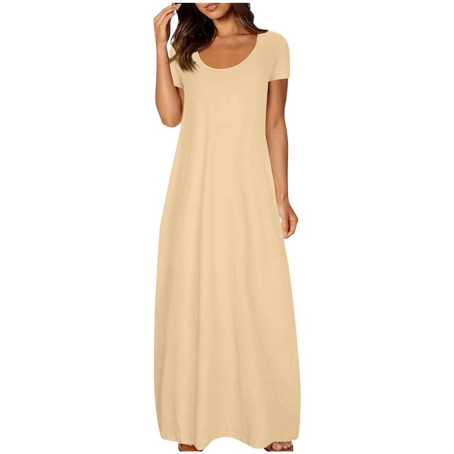 Admvng Robes d'Été pour Femmes 2025 Grande Taille Col Rond Couleur Unie Manches Courtes Robe Longue P-5TG