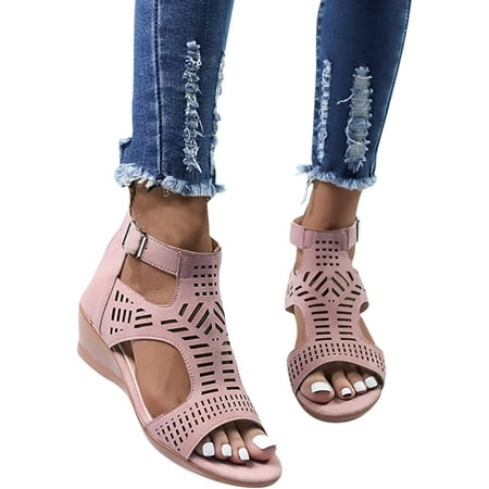 

Summer Women S Wedge Sandals Black Dressy Open-Toe Sandals Ankle Strap Hollowed Out Casual Sandals Beach Shoes Roman Retro Sandals