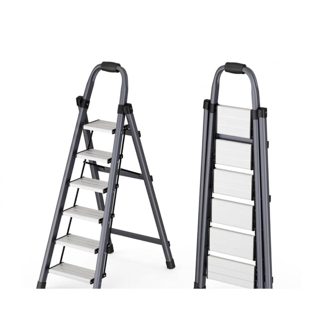 Toytexx 6-Step Folding Step Ladder with Handrail, Carbon Steel Frame, Wide Anti-Slip Pedals, Space-Saving A-Frame Ladder for Indoor Use, Grey