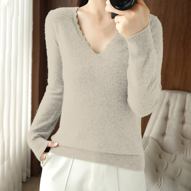 IMENGL Women's spring solid short lace v neck pullover, Beige M, Size M-2XL