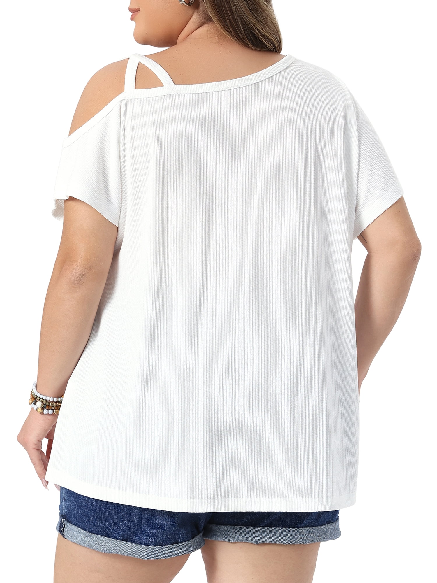 DARING DIVA Women's Plus Criss Cross Off One Shoulder T-Shirts 1X White