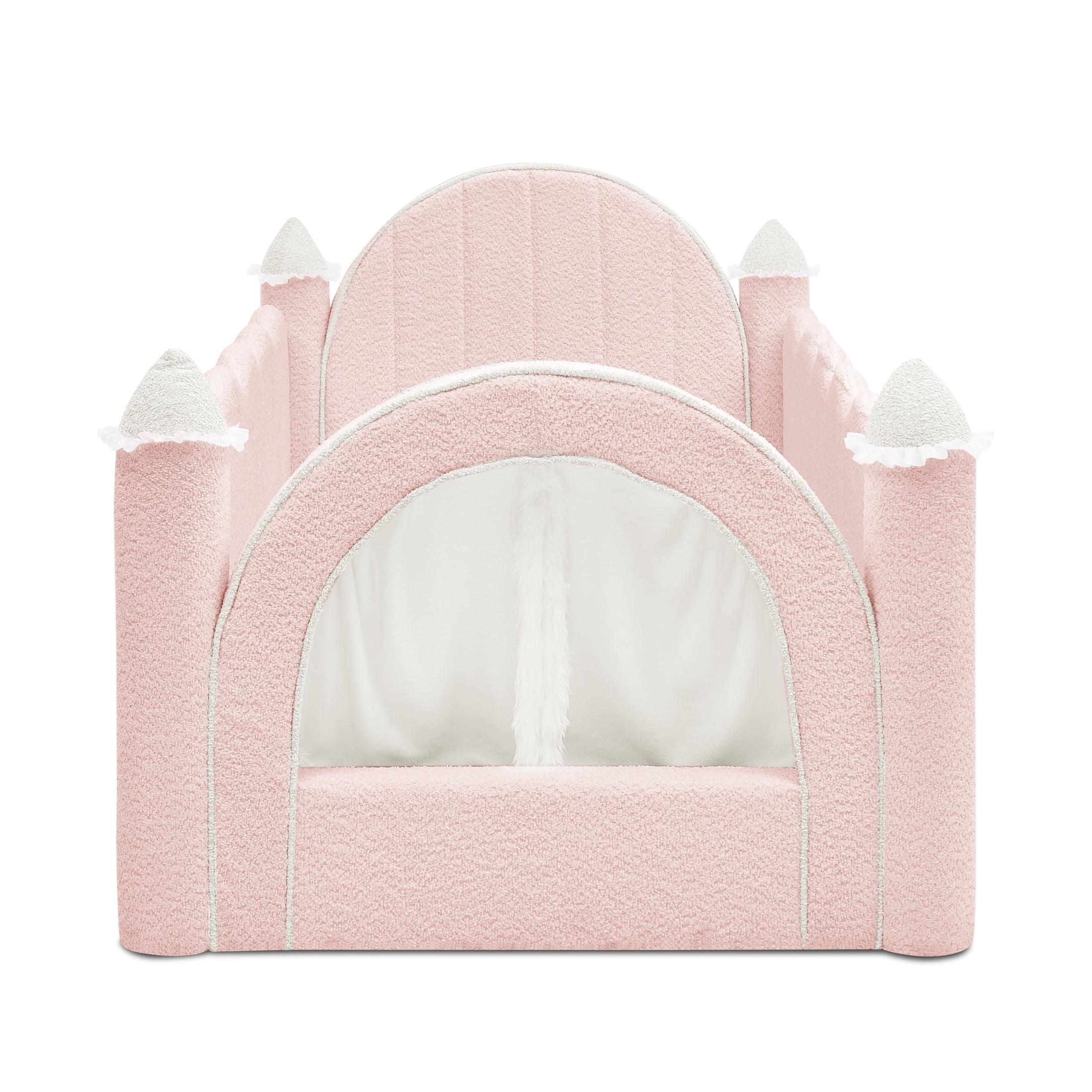 GDF Studio Solley Twin Size Castle Bed with Safety Guardrails, Curtain & Wood Frame, Boucle Upholstered Bed, Pink