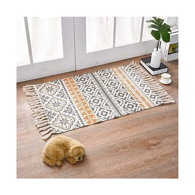 Alfombra De Salón Alfombra Étnica Antideslizante 90x60cm Estilo Estampado Geométrico Alfombra con Flecos Alfombras De Algodón Lavables para Sala De Estar Dormitorio Baño Estilo B