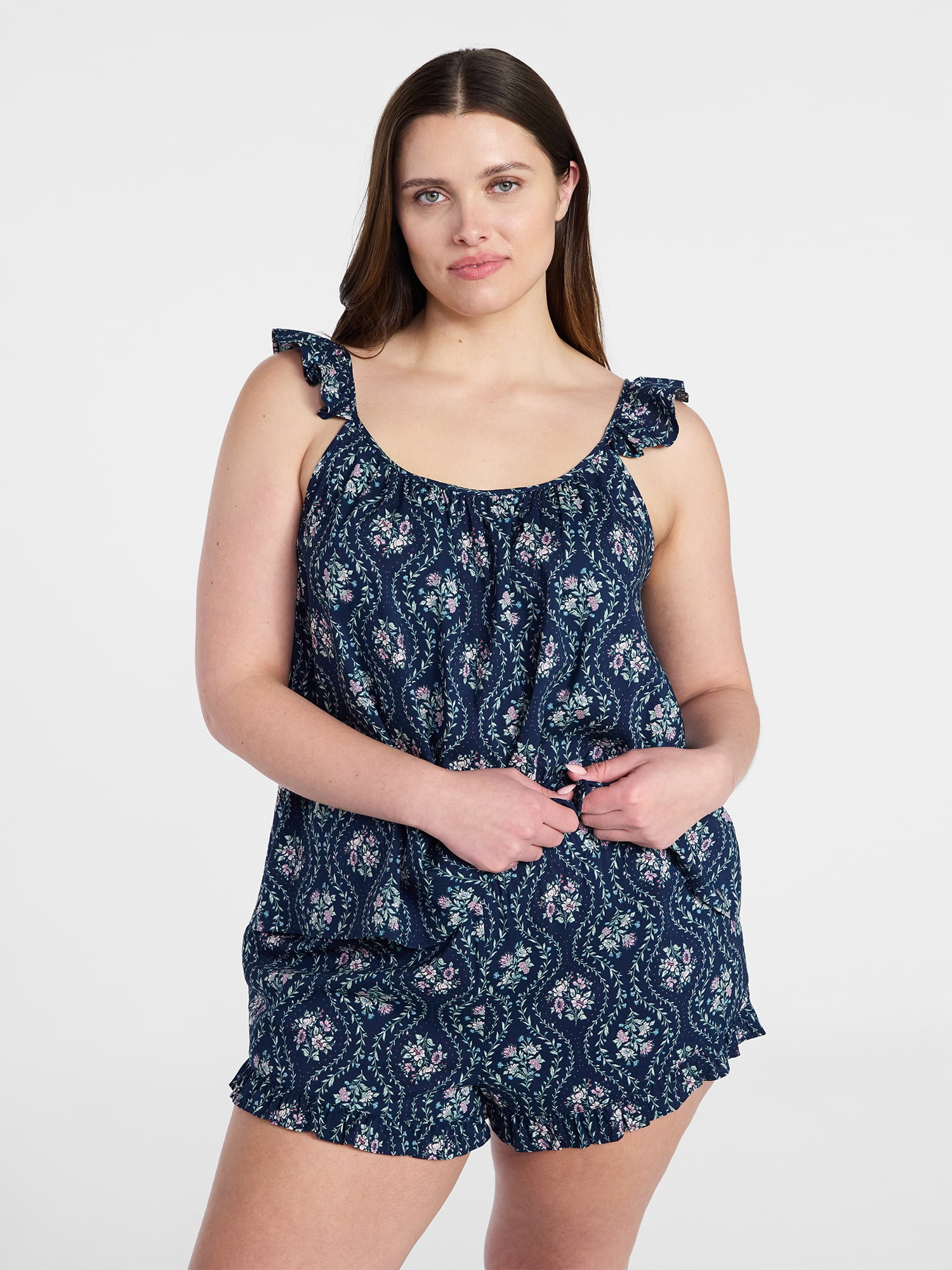 Joyspun Women's Woven Sleep Cami and Shorts Set with Ruffle, 2-Piece, Sizes XS-3X
