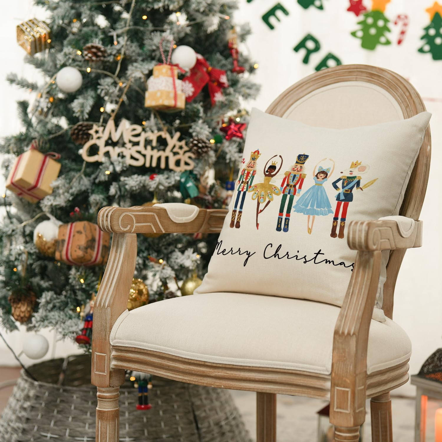  Lewondr Christmas Pillow Cover Set of 2 Merry Christmas  Nutcracker Throw Pillow Cover 18 x 18 Inch Embroidery Cartoon Home Decor  Square Cushion Case for Winter Holiday Party Xmas Sofa Bed