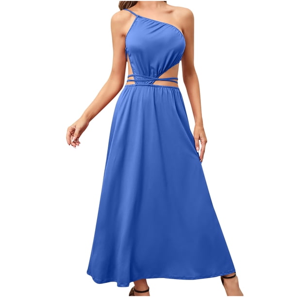 Moda mujer Casual sólido Sexy un cuello sin mangas espalda descubierta cinturón vestido largo Fridja hjkh1076