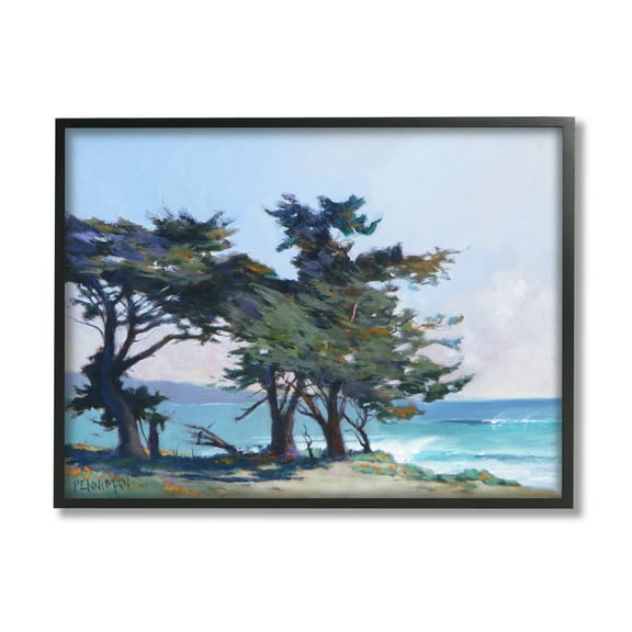 Stupell Coastal Sandy Trees Ocean Waves Landscape Painting Black Framed Art Print Wall Art
