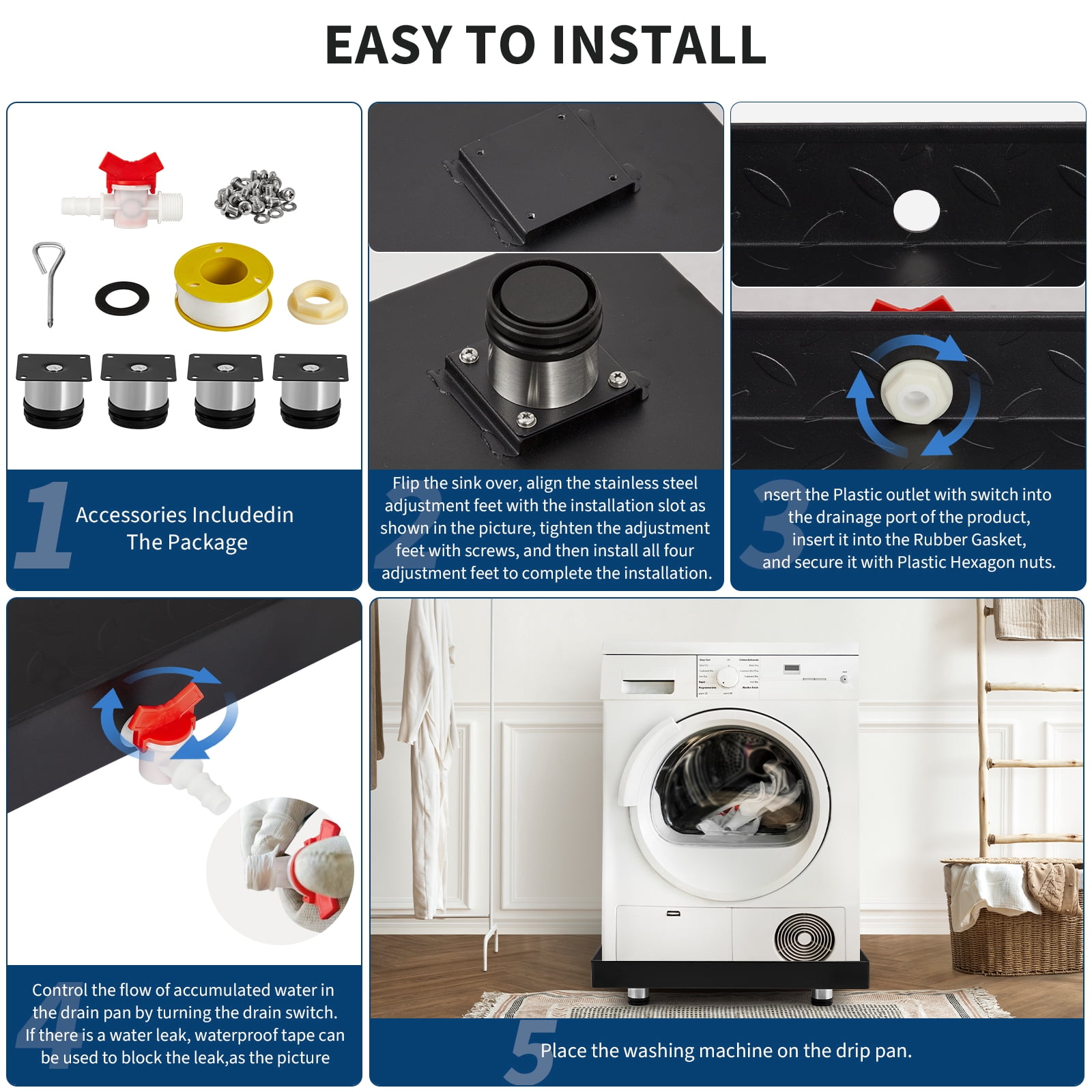 Kojooin Heavy-Duty Carbon Steel Washing Machine Drain Tray, with Waterproof Tape, Water Outlet Switch, Drain Hole, Hose Connector, and Rust and Leak Protection