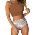 thumbnail image 4 of Aleumdr Halter Bikini for Women High Waist Floral Print Bikini Set Sporty Swimsuit Scoop Neck Strap Bathing Suit Brown S, 4 of 4