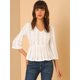 thumbnail image 3 of Blusa liviana de encaje sólido para mujer, cuello en V, manga 3/4, blusa campesina con peplum blanco M, 3 of 6