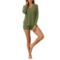 thumbnail image 2 of Conjuntos de pijama de waffle para mujeres INSPIRE CHIC, conjunto de lounge de punto, parte superior de manga larga con botones y pantalones cortos, ropa de casa a juego, verde claro, 2 of 5