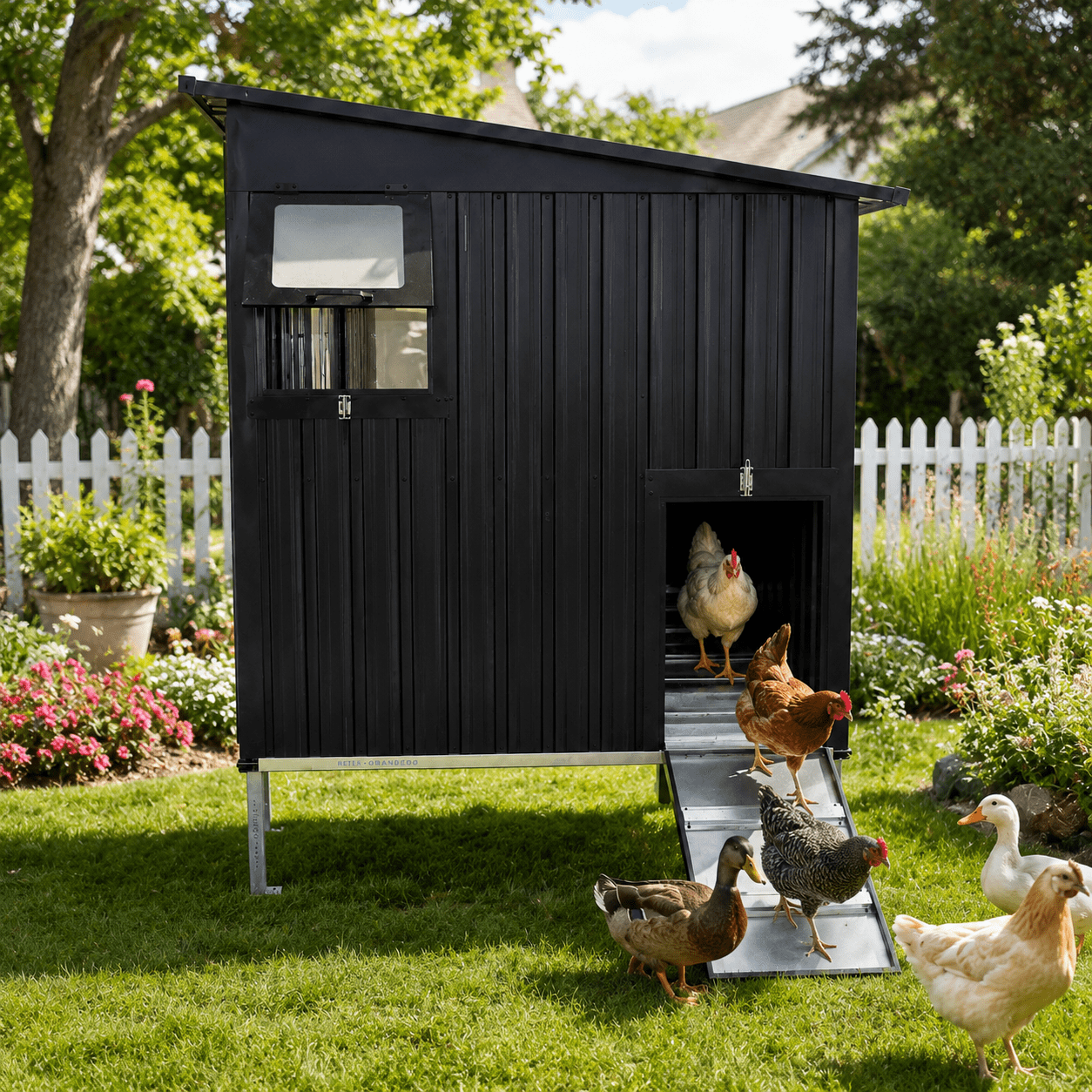 Outdoor Galvanized Metal Chicken Coop with Pull-Out Waste Trays and Adjustable Vent Window, Weatherproof Poultry Cage for Backyard, Charcoal Grey