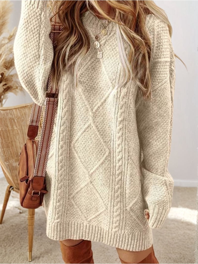 navy blue dress for baby girl Women'S Cable Knit Casual Long Sleeve Loose Crew Neck Pullover Mini Sweater  Dress Fall Winter Outfits White M