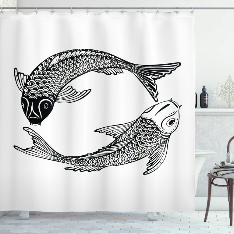 Koi Fish Shower Curtain, Illustration of Two Japanese Carps Symbol of Love  Friendship and Prosperity, Fabric Bathroom Set with Hooks, 69W X 70L