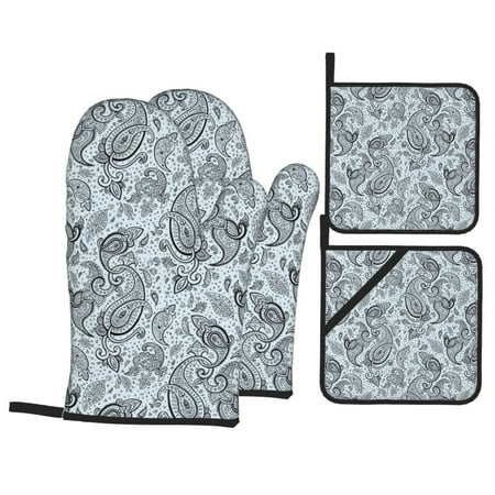 

Oven Mitts and Pot Holders 4 Piece Black White Paisley High Heat Slip Resistant Oven Mitt and Trivets Set Kitchen Oven Glove Pot Holders for Cooking Baking Grilling