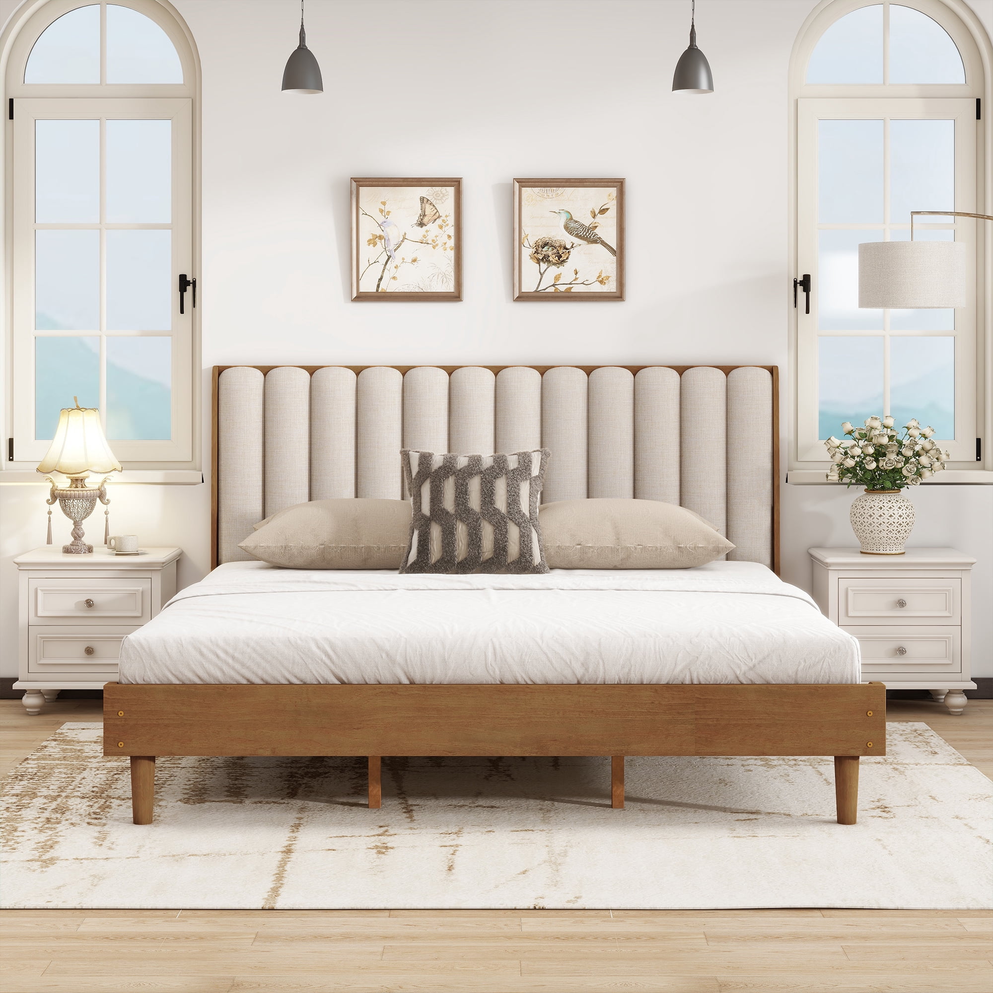 HOQBN King Size Wood Bed with Piano Key Style Upholstered Headboard , Wood Bed with Strengthened Bed Frame, Wheat