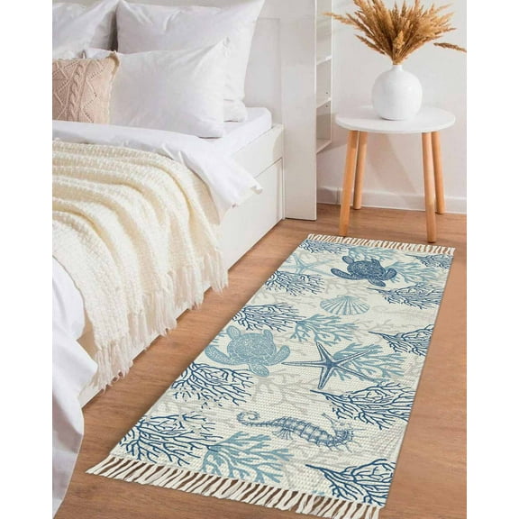 Navy Blue Grey Coastal Hallway Runner Rug 2x5ft,Sea Turtle Nautical Coral Summer Beach Washable Woven Living Room Bedroom Kitchen Bathroom Carpet with Tassels,Indoor Outdoor Door Mat for Entryway