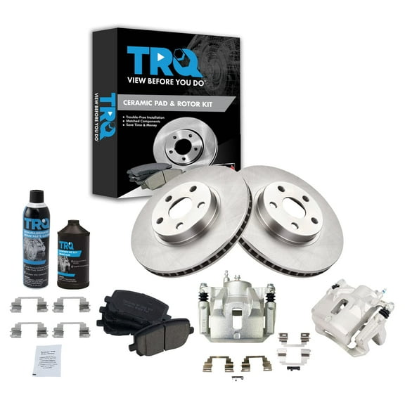 TRQ Front Ceramic Brake Pad Rotor & Calipers Kit w/Chemicals for Toyota Pontiac BKA17401