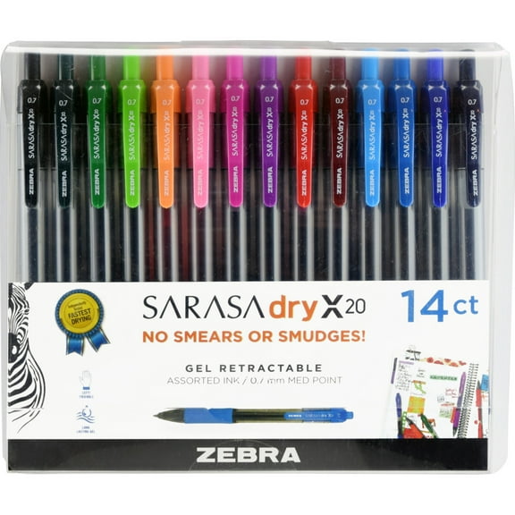 Zebra Sarasa Retractable Gel Ink Pens, Medium Point 0.7 mm, Assorted Color Rapid Dry Ink, 14-Count
